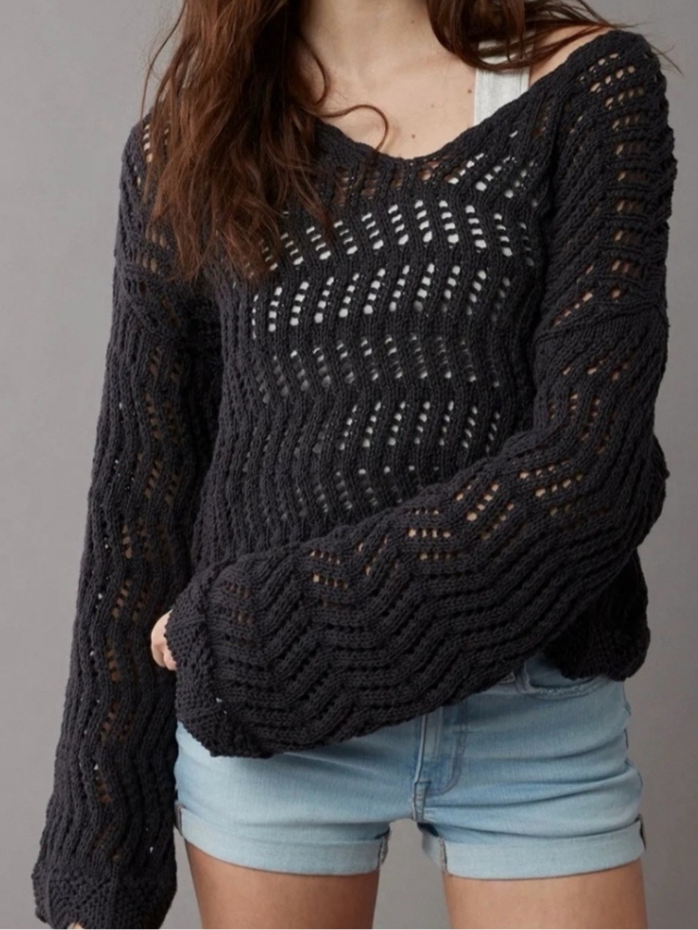 American Eagle Black Open-Knit Sweater Pullover